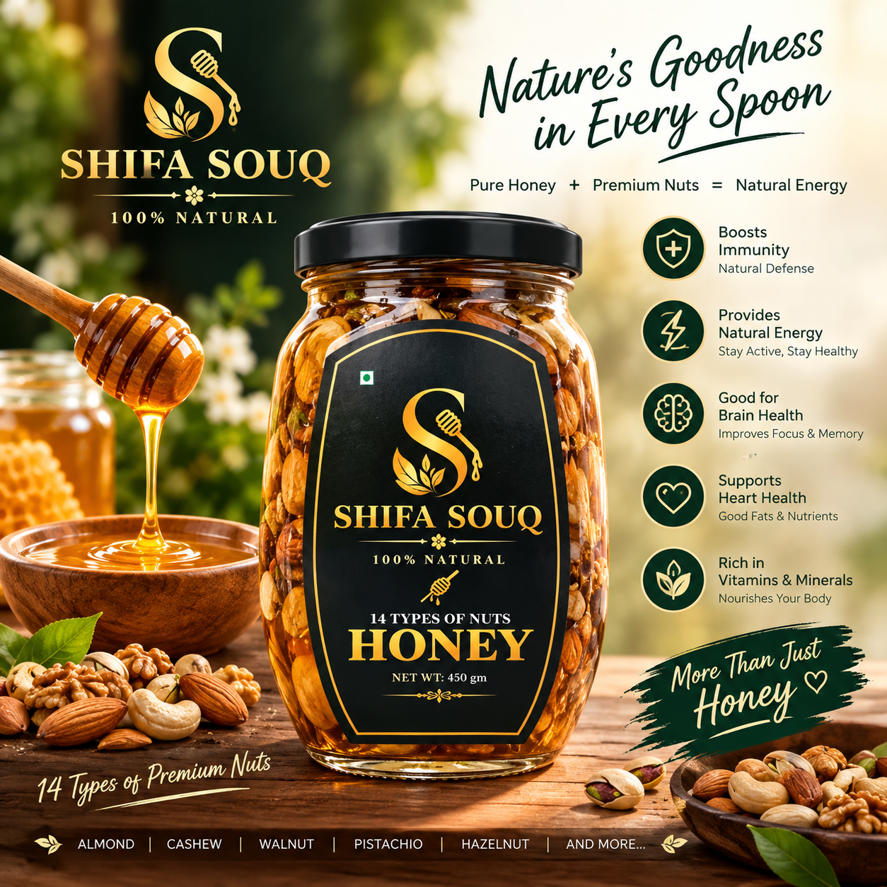 Natures Goodness in Every Spoon - Pure Honey with Almonds, Cashews, Walnuts, Pistachios